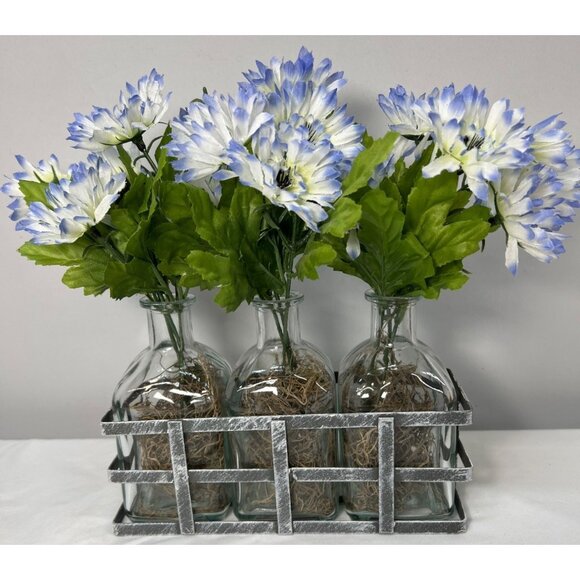 Set Of Three Glass Bottles With Metal Holder & Artificial Blue Flowers - Picture 1 of 3